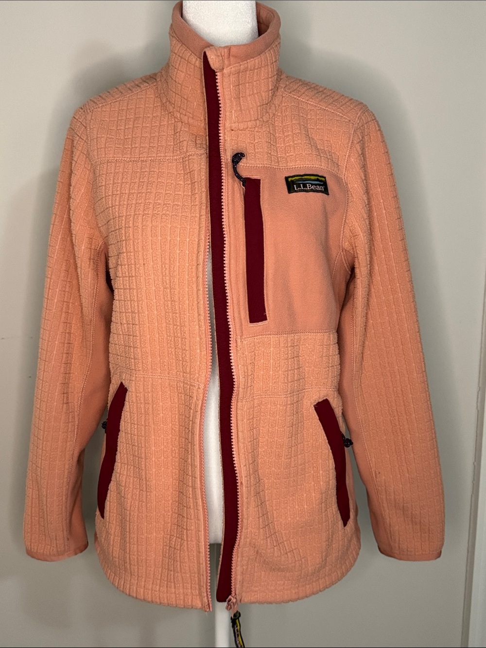 L.L. Bean Peach Fleece Utility Jacket with Burgundy Trim
